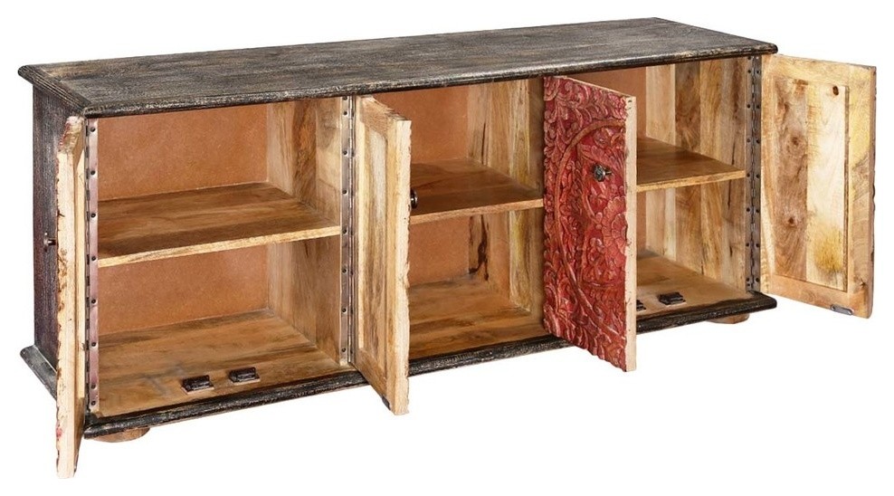 Los Angeles Red Intricately Designed 4 Door Rustic Media Console   Farmhouse   Entertainment Centers And Tv Stands   by Sierra Living Concepts Inc  Houzz