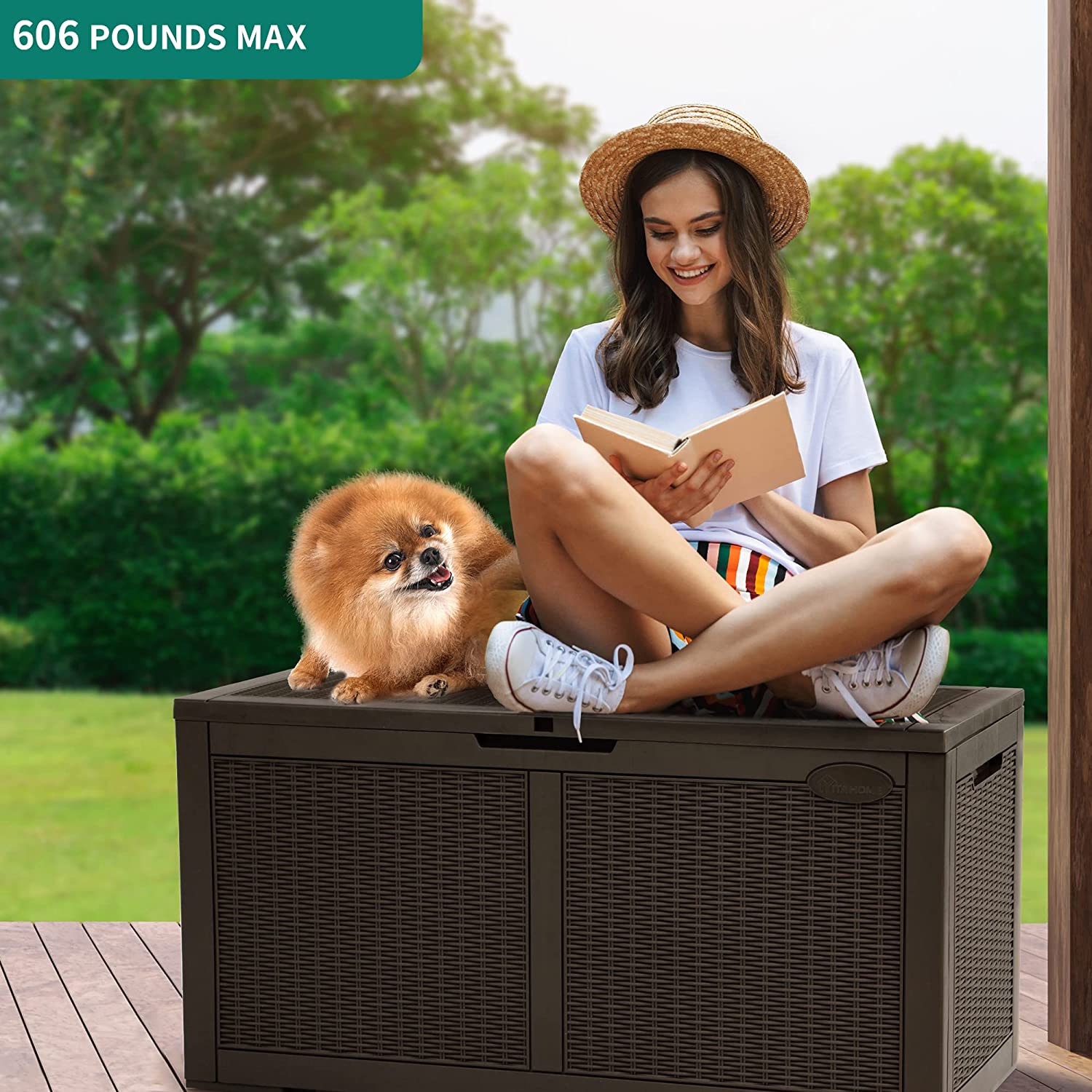 YITAHOME 100 Gallon Large Deck Box Upgrade Resin Outdoor Storage Boxes, Waterproof Patio Cushion Storage Bench for Patio Furniture, Pillows, Pool Supplies, Garden Tools- Rattan,Lockable (Dark Brown)