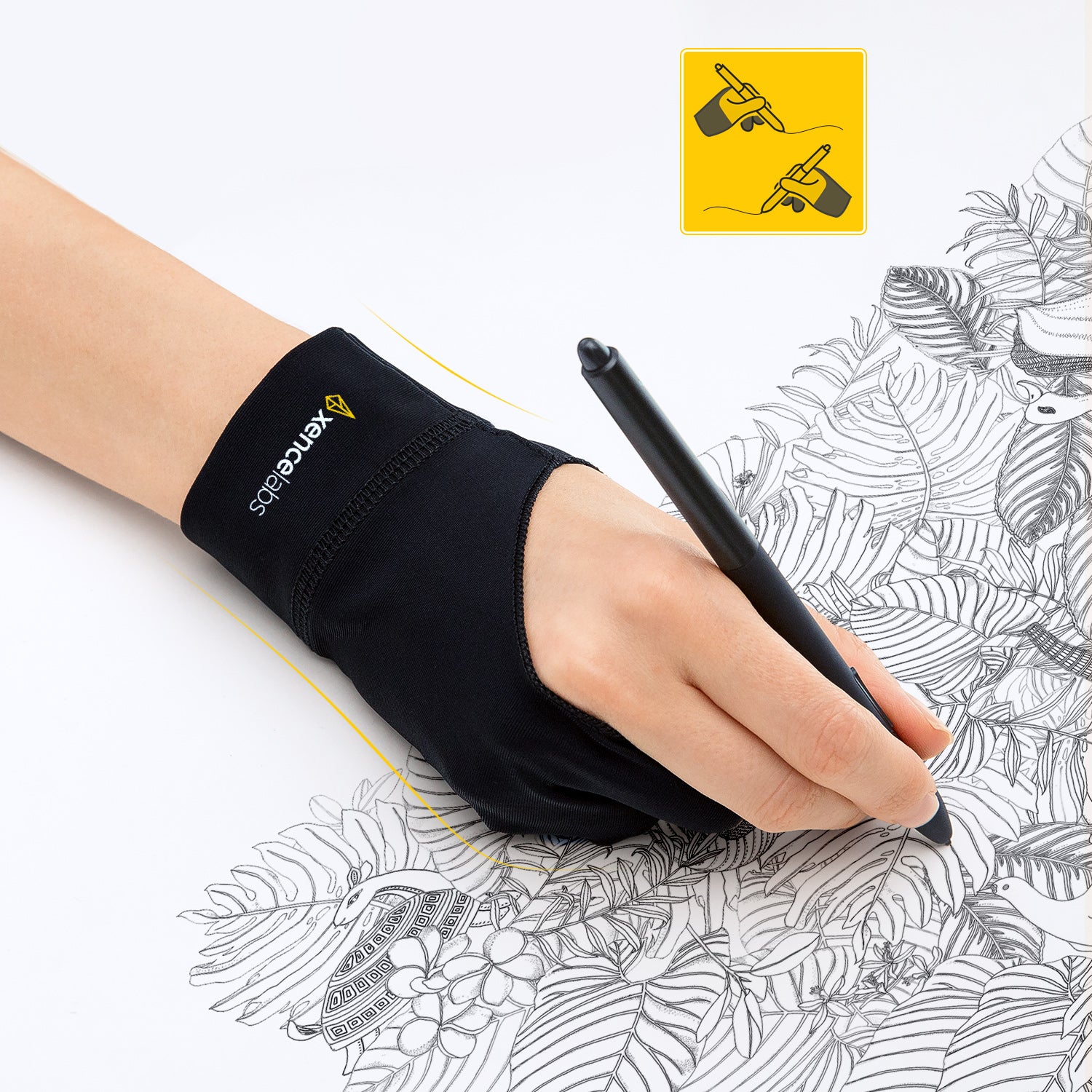 XENCELABS, Artist Glove, Drawing Glove Left Right Hand for Drawing Tablet, 2 Finger Glove for Drawing Black Size M