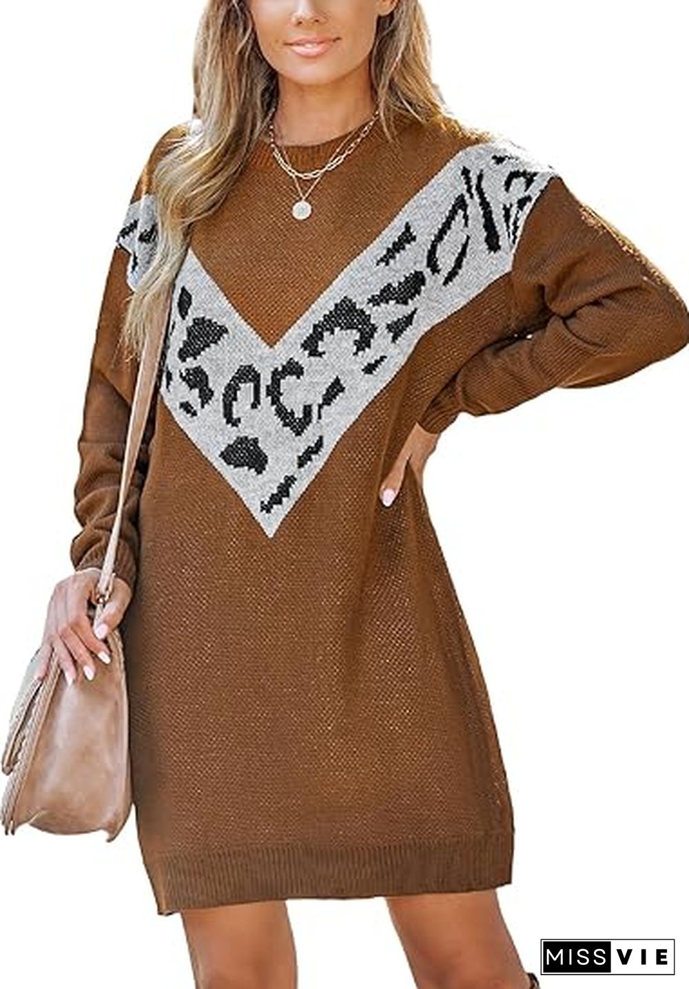 Brown Print Long Sleeve Sweater Mini Dress