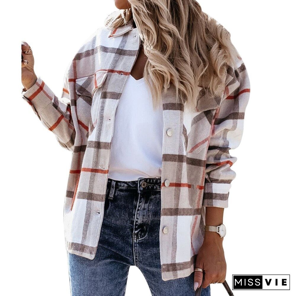 Hot Sale Women Fashion Plaid Shirt Jackets Turn-down Collar Autumn Oversized Jacket Fashion Loose Coat Streetwear Female Outwear