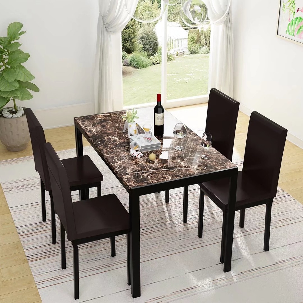 Mieres 5 Piece Dining Table Set with Faux Marble Top and 4 PU Leather Upholstery Chairs for Kitchen Dining Room