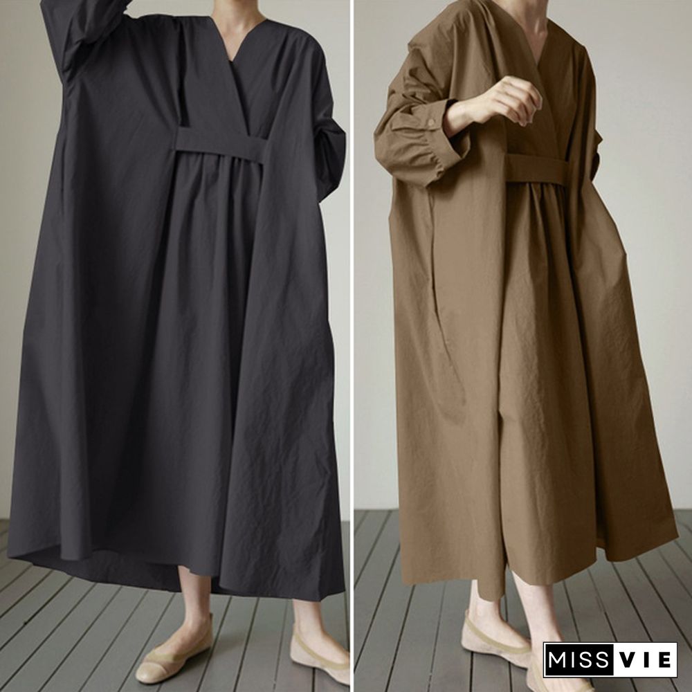 VONDA Casual Black Oversized Maxi Dress Loose Solid Color Autumn Fashion Women's Kaftan Dress