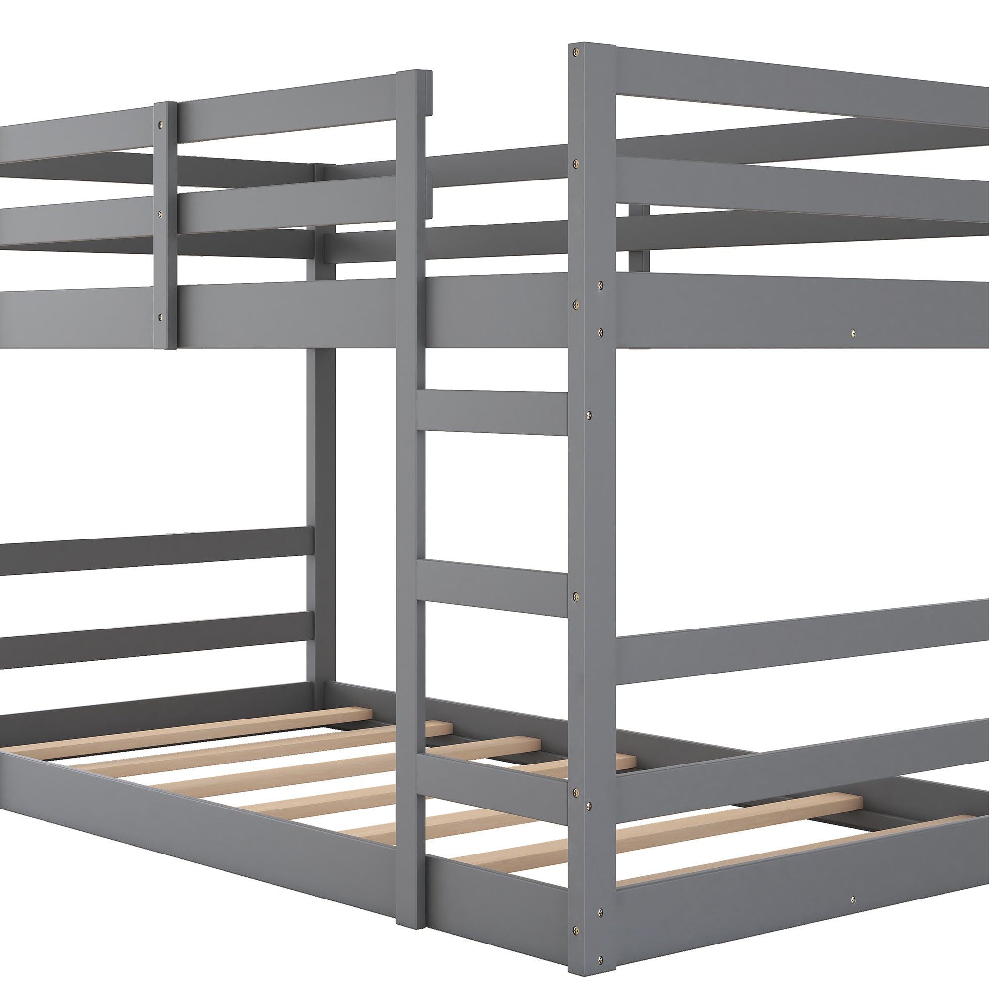 Bellemave Low Twin Over Twin Bunk Beds, Juniors Floor Bunk Bed with Ladder and Guardrails, Wood Twin Bunk Bed for Kids Teens Girls & Boys, Gray