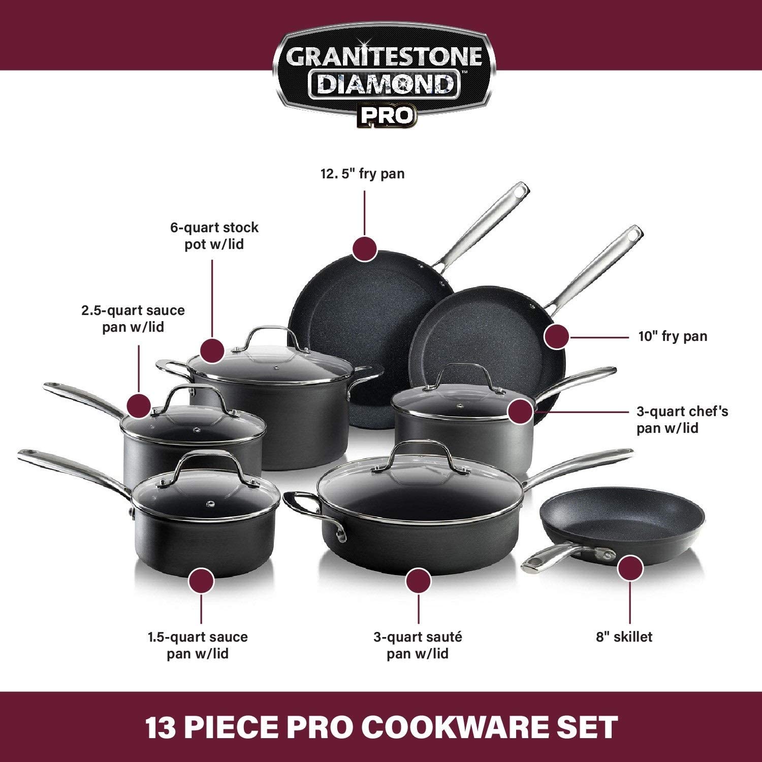 GRANITESTONE 2831 Professional 13-Piece Aluminum Hard Anodized Diamond and Mineral Coating Nonstick Premium Cookware Set