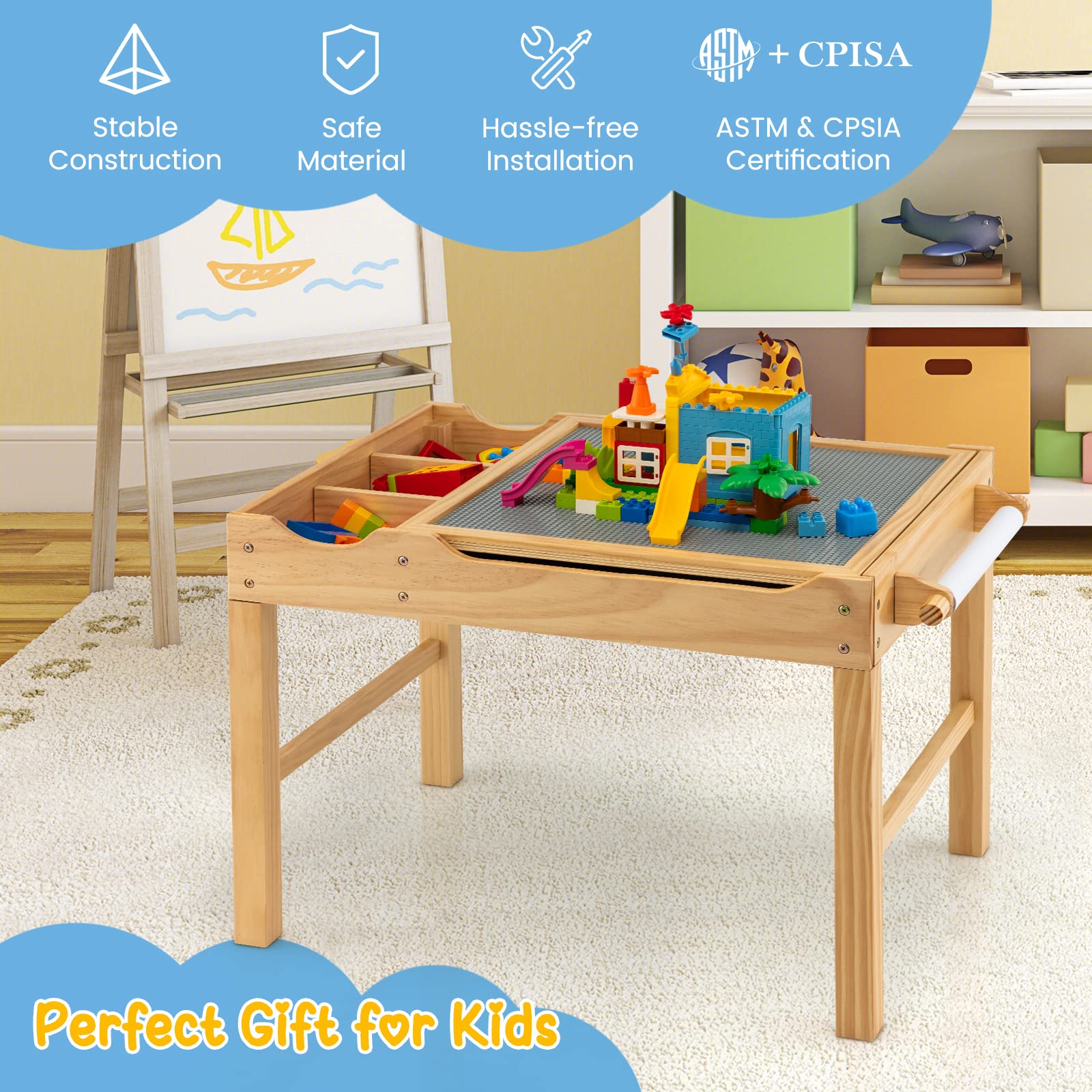 Costzon Kids Table, 3 in 1 Wood Building Block Desk w/Storage, Paper Roll