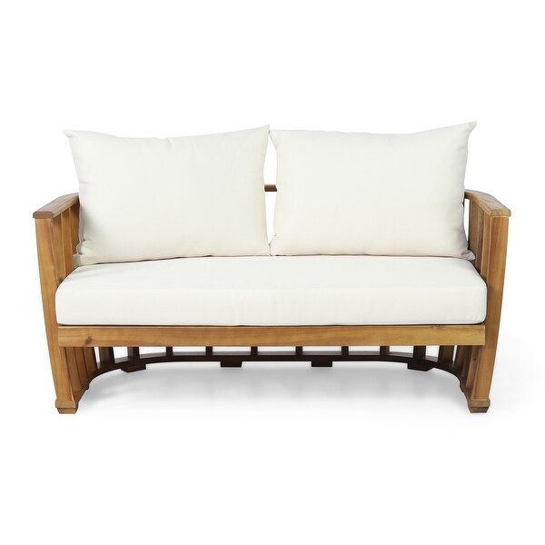 Outdoor Acacia Wood Loveseat and Coffee Table Set with Cushions，Teak，Beige