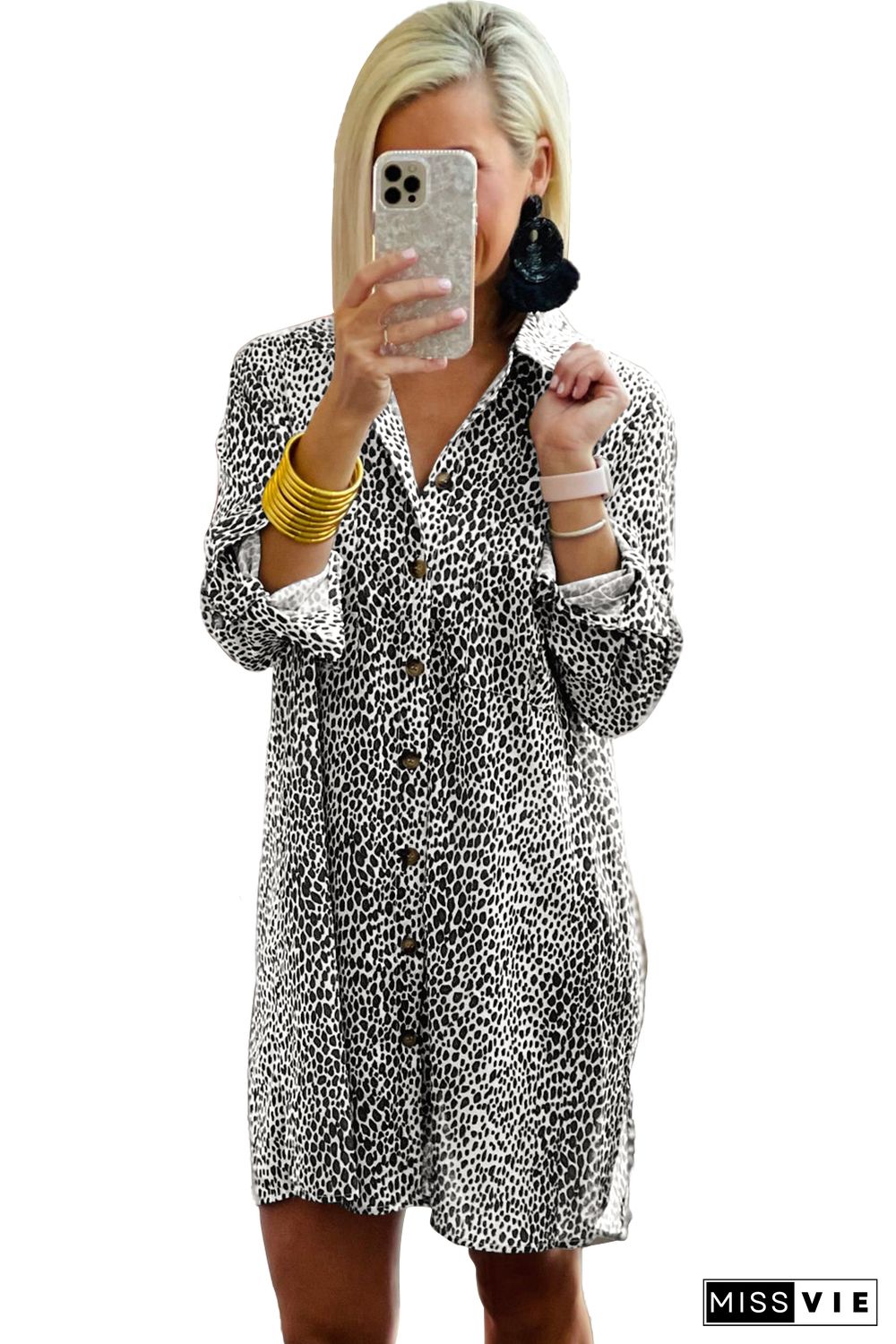 Long Sleeve Leopard Animal Print Shirt Dress