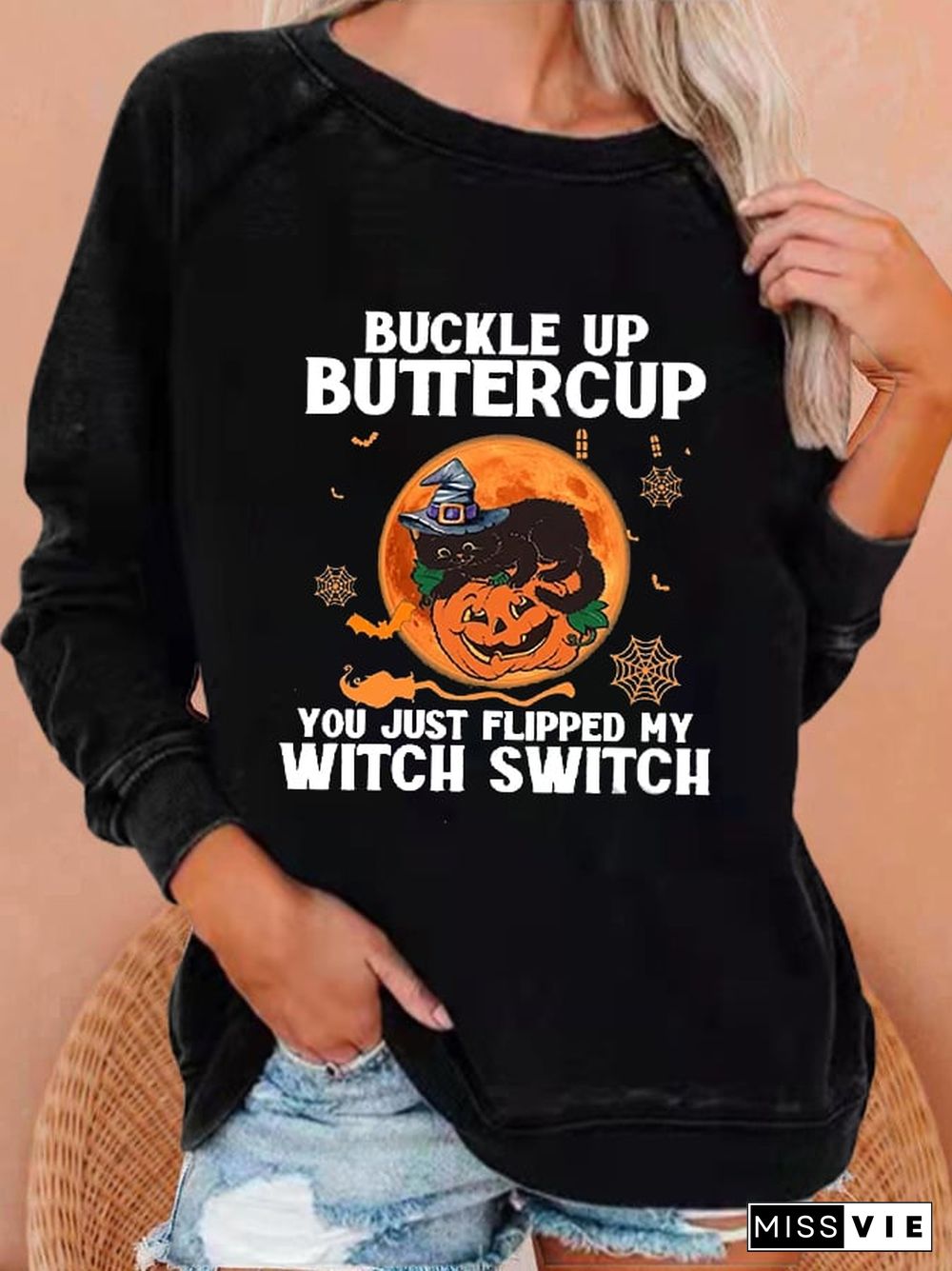 Women's Funny Halloween Buckle Up Buttercup You Just Flipped My Witch Sweatshirt