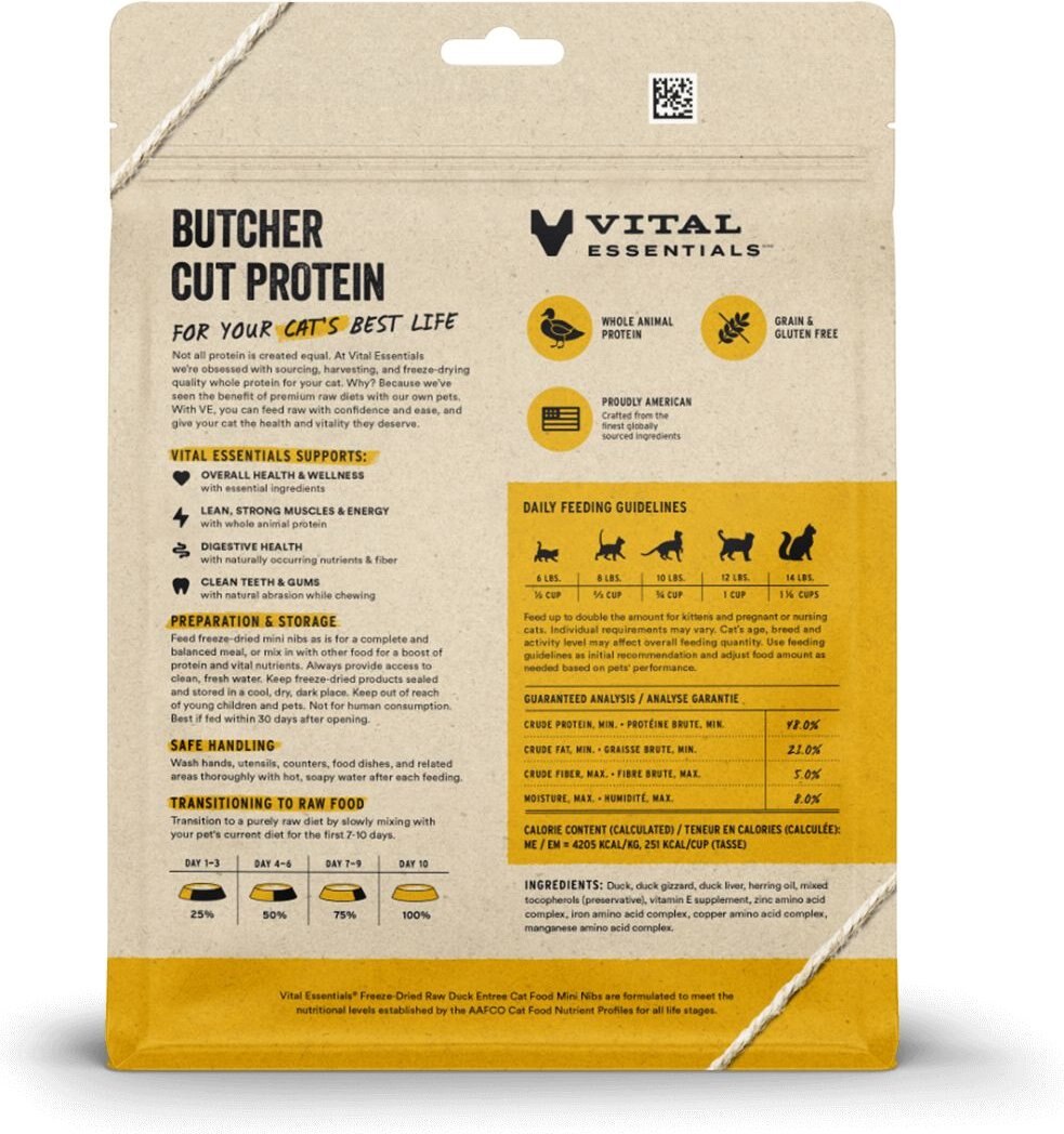 Vital Essentials Duck Entree Cat Food Mini Nibs Grain-Free Freeze-Dried Raw Cat Food， 8-oz bag