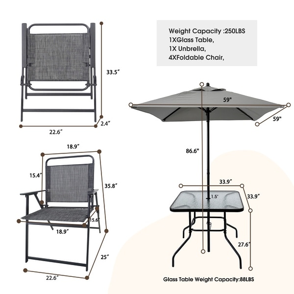 Black Metal Outdoor Patio Dining Set for 4 People with Table，4 Chairs and Umbrella