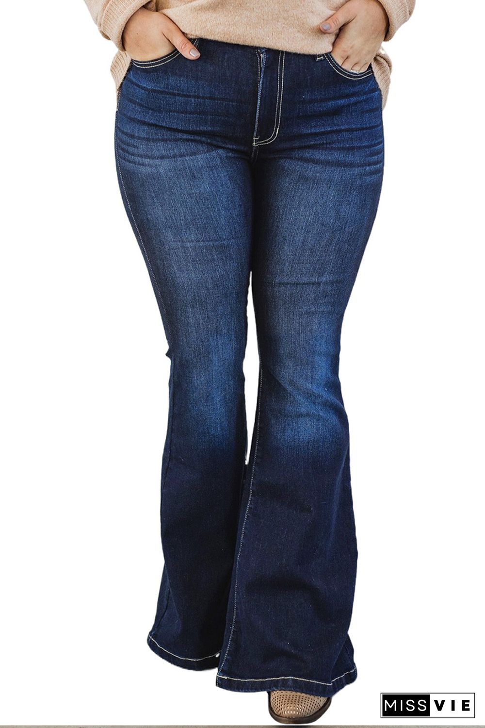 Plus Size Deep Wash Mid-waist Flared Jeans