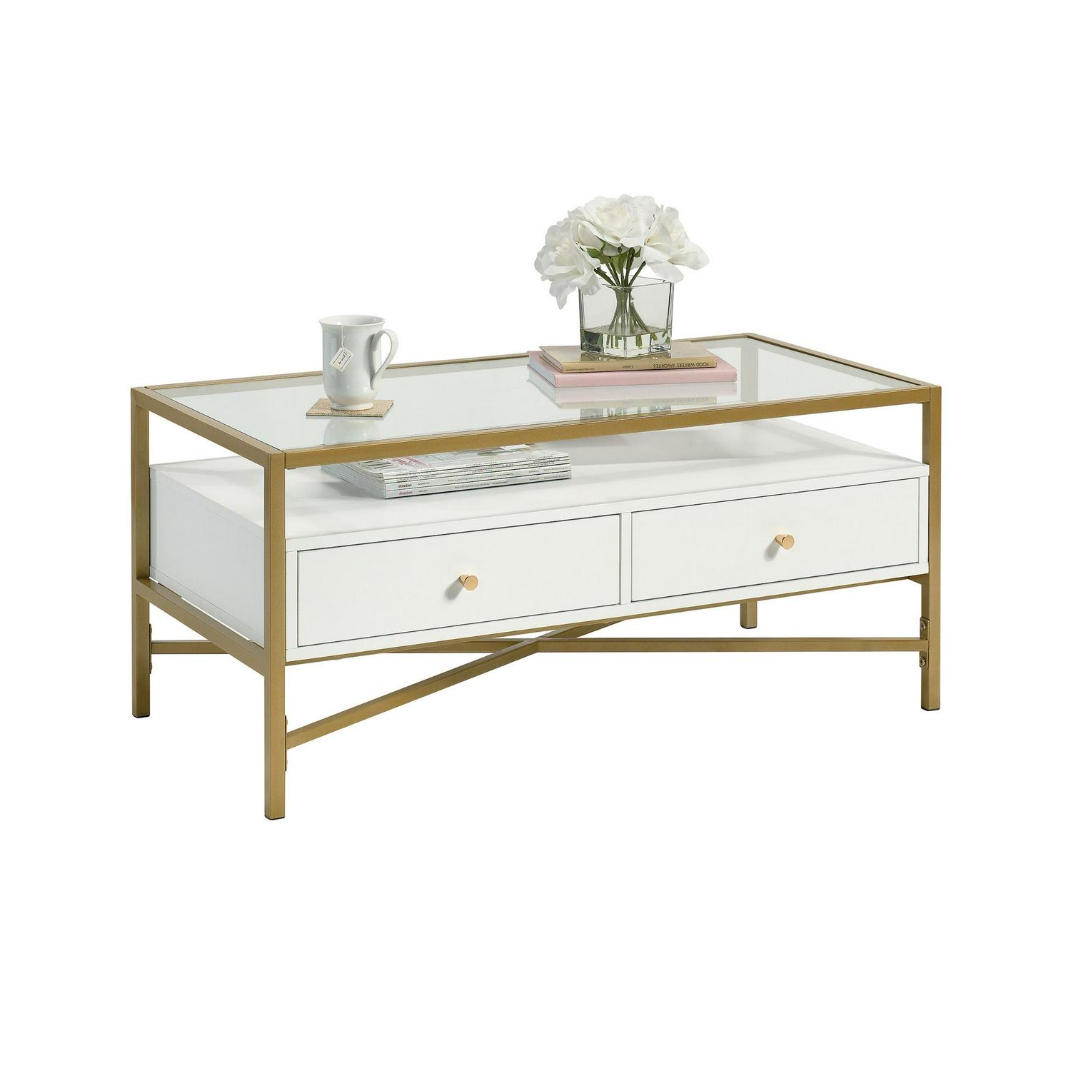 Curiod Glass Top Gold Metal Rectangular Coffee Table with Storage White Finish  Crowdfused