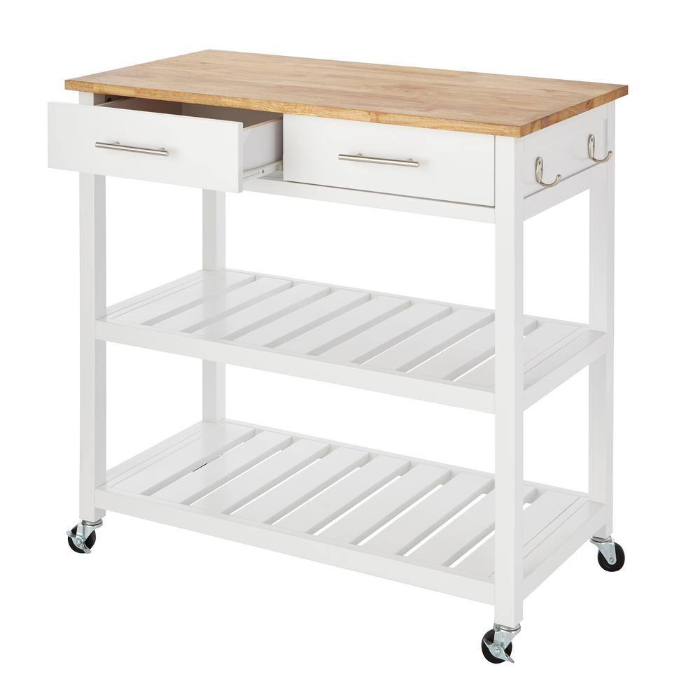 StyleWell Glenville Cream White Rolling Kitchen Cart with Butcher Block Top Double-Drawer Storage and Open Shelves (36