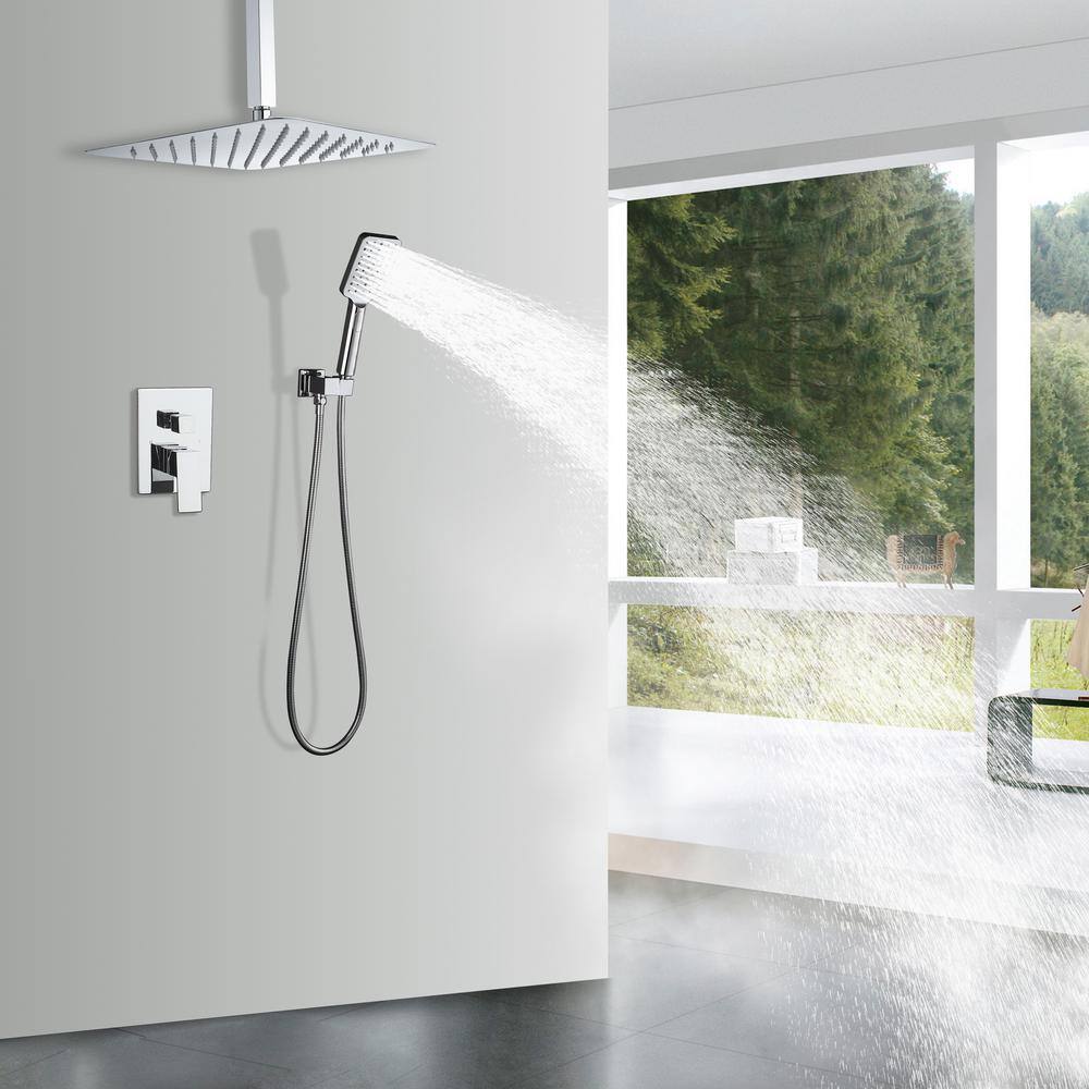 Mondawe Mondawell Square 3-Spray Patterns 12 in. Ceiling Mount Rain Dual Shower Heads with Handheld and Valve in Chrome MA-D98105CP