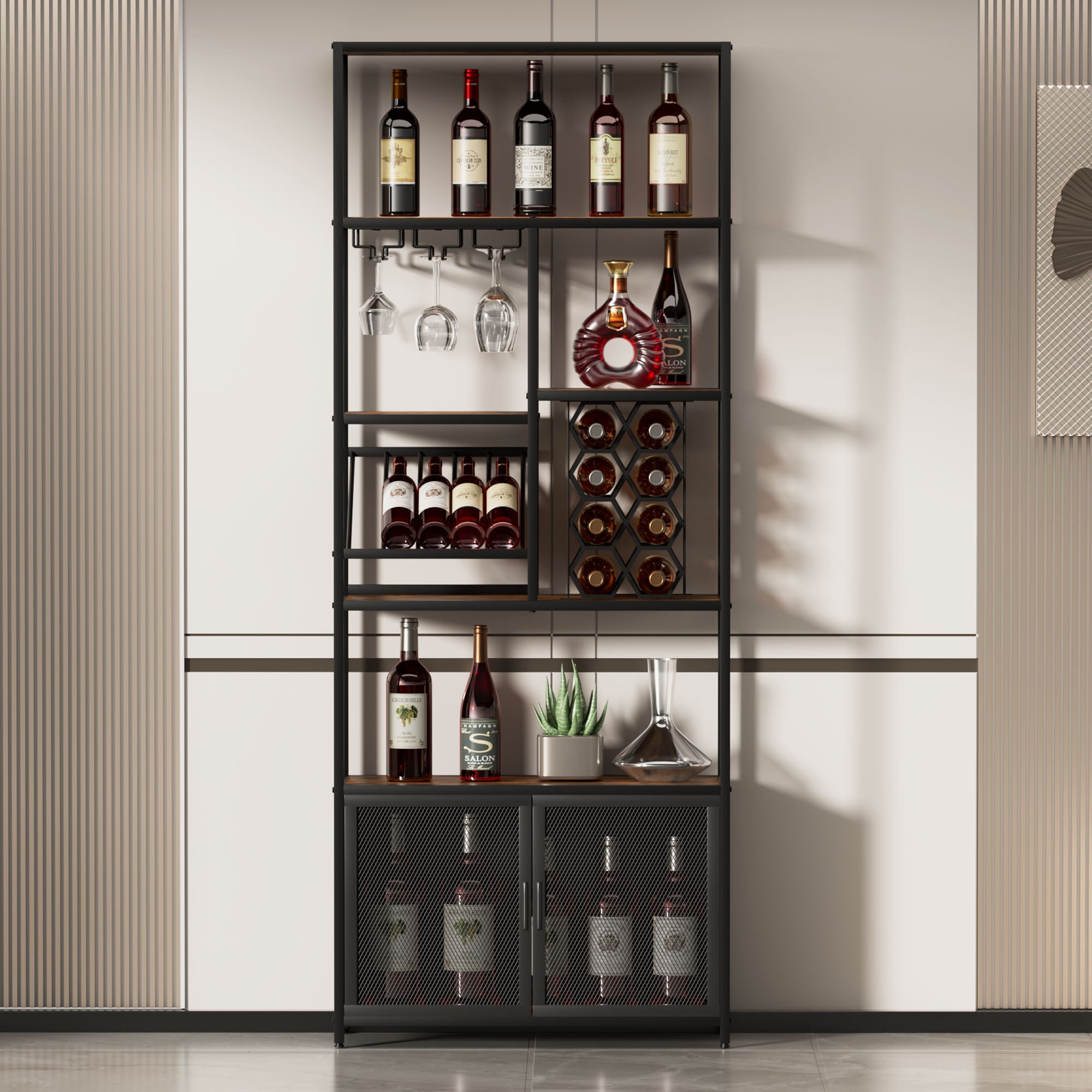 Industrial Vertical Wine Rack with Glass Shelves, 82.7 inch Tall Freestanding Floor Standing Bar Cabinet