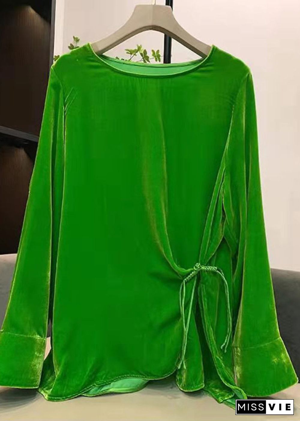 Plus Size Green O-Neck Cinched Velour tops long sleeve