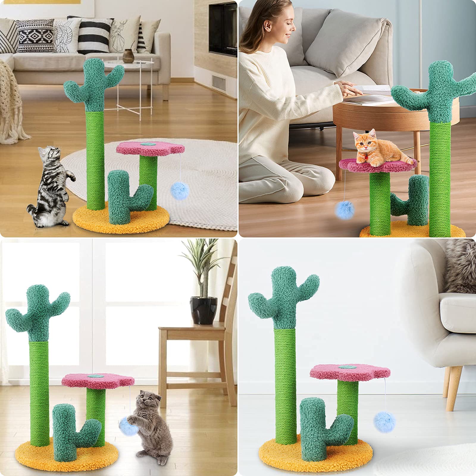 Cat Scratching Post， Sisal Cat Scratching Post with 3 Different Height Poles and Hanging Ball Cat Interactive Toy for Tiny Kitten Cats Indoor Climbing Playing， Gift for Kitten