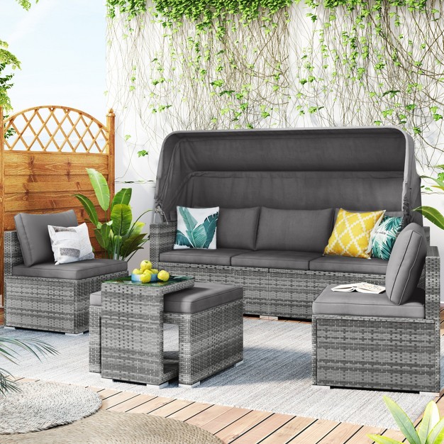 5 Pcs Outdoor Sectional Rattan Daybed Sofa Set Patio Pe Wicker Conversation Furniture Set With Canopy And Tempered Glass Side Table Gray modernluxe