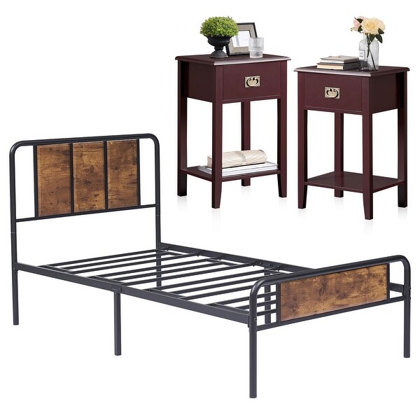 Taomika 3-pieces Bed Frame with Wood Headboard and 1-Drawer Nightstands Set - - 35294327