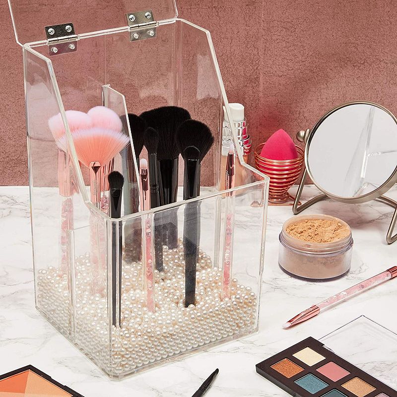 Acrylic Makeup Brush Holder with Lid and Beads Cosmetic Storage Organizer (6 x 5.7 x 9.25 In)