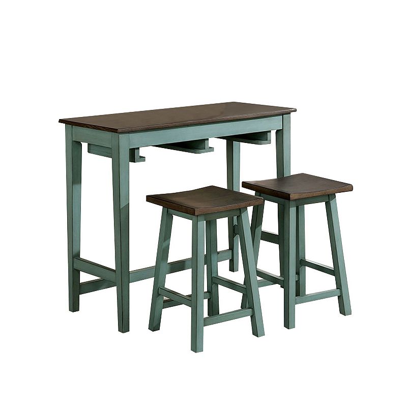 3 Piece Bar Table Set with Contoured Seat， Antique Blue and Brown