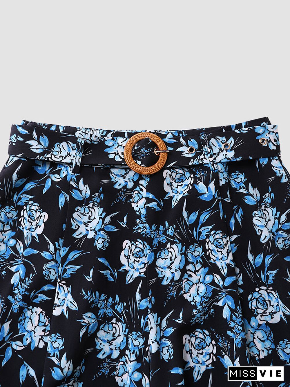 Navy Calico Print Belt Pocket Invisible Zip Elegant Shorts For Women