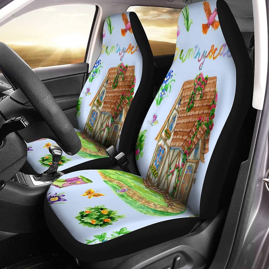 Set Of 2 Car Seat Covers Cute Cottage House Well Bush Flowers And Garden Universal Auto Front Seats Protector Fits For Car，suv Sedan，truck