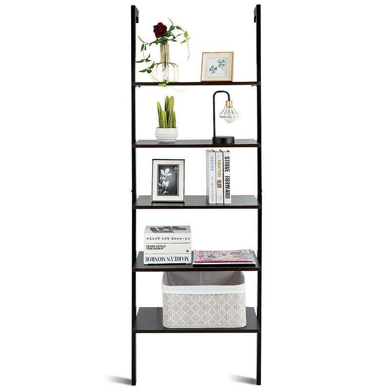 5-Tier Wood Look Ladder Shelf with Metal Frame for Home