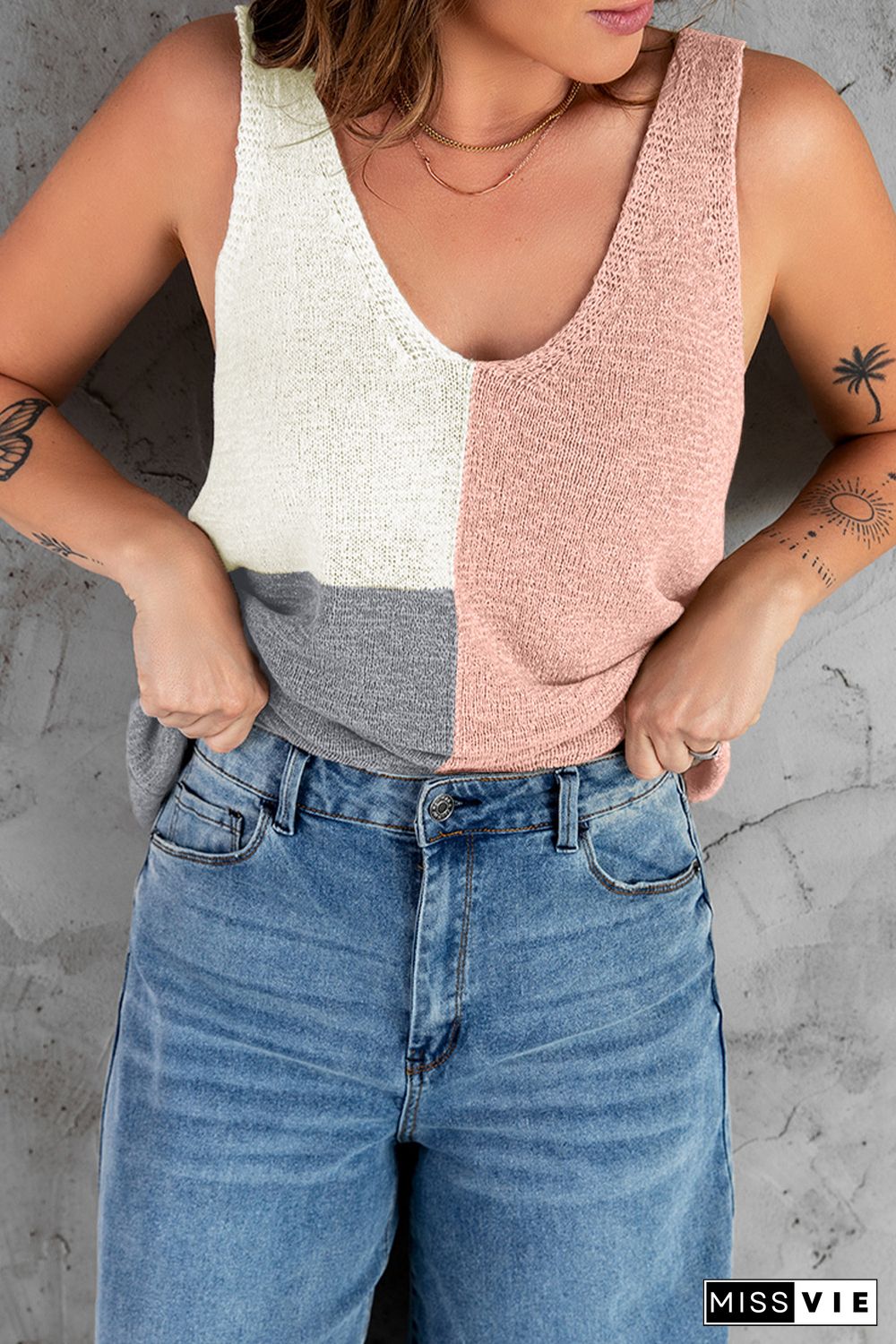 Pink Color Block Knitted Tank Top