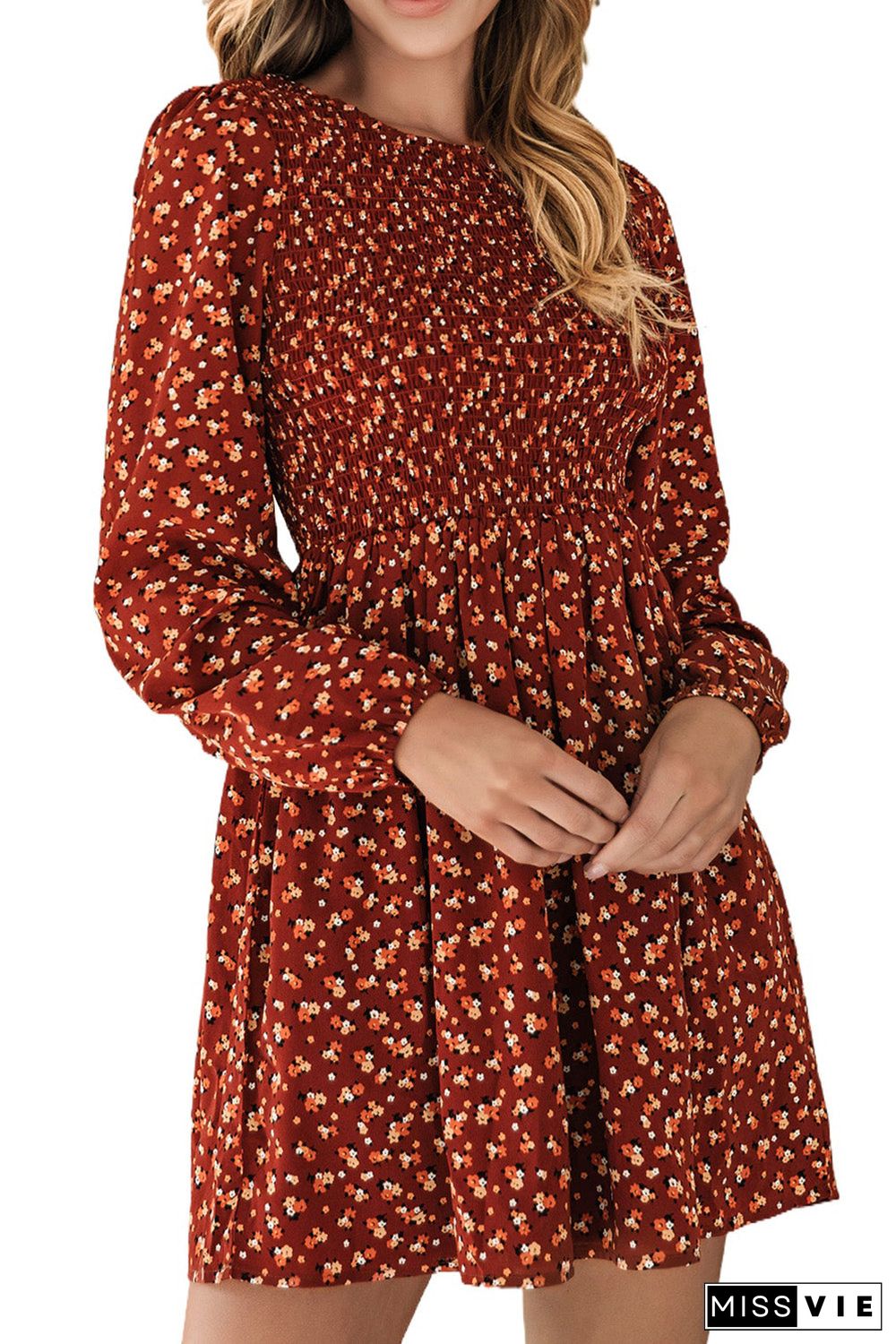 Brown Floral Smocked Bodice Mini Dress