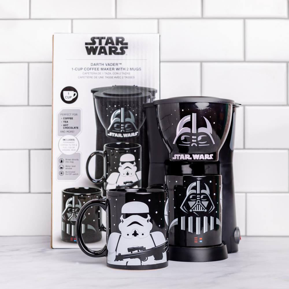 Uncanny Brands Star Wars Single Cup Black Drip Coffee Maker with 2-Mugs Darth Vader Stormtrooper Mugs Included CM2-SRW-DVST