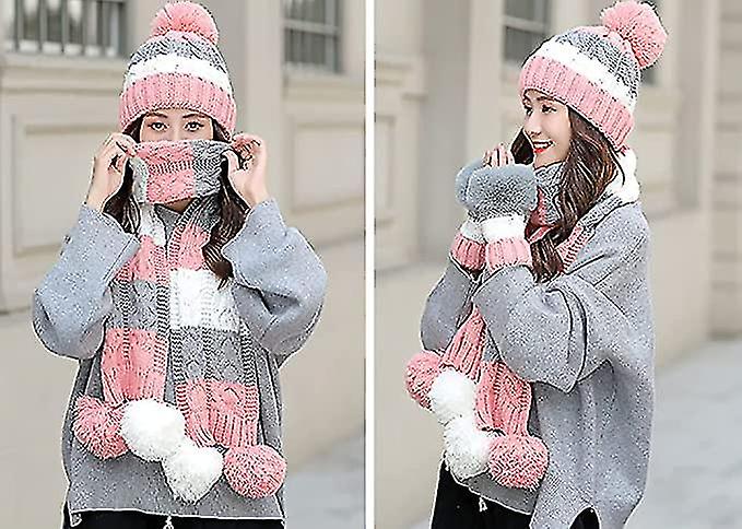 Womens Winter Hat Scarf Gloves Knit Set，thick Warm Fleece Lined Thermal Set For Girls3pcspink