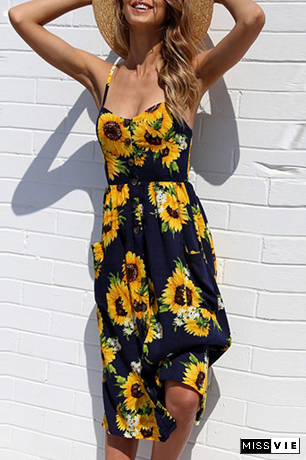 Casual Striped Floral Buckle Spaghetti Strap A Line Dresses