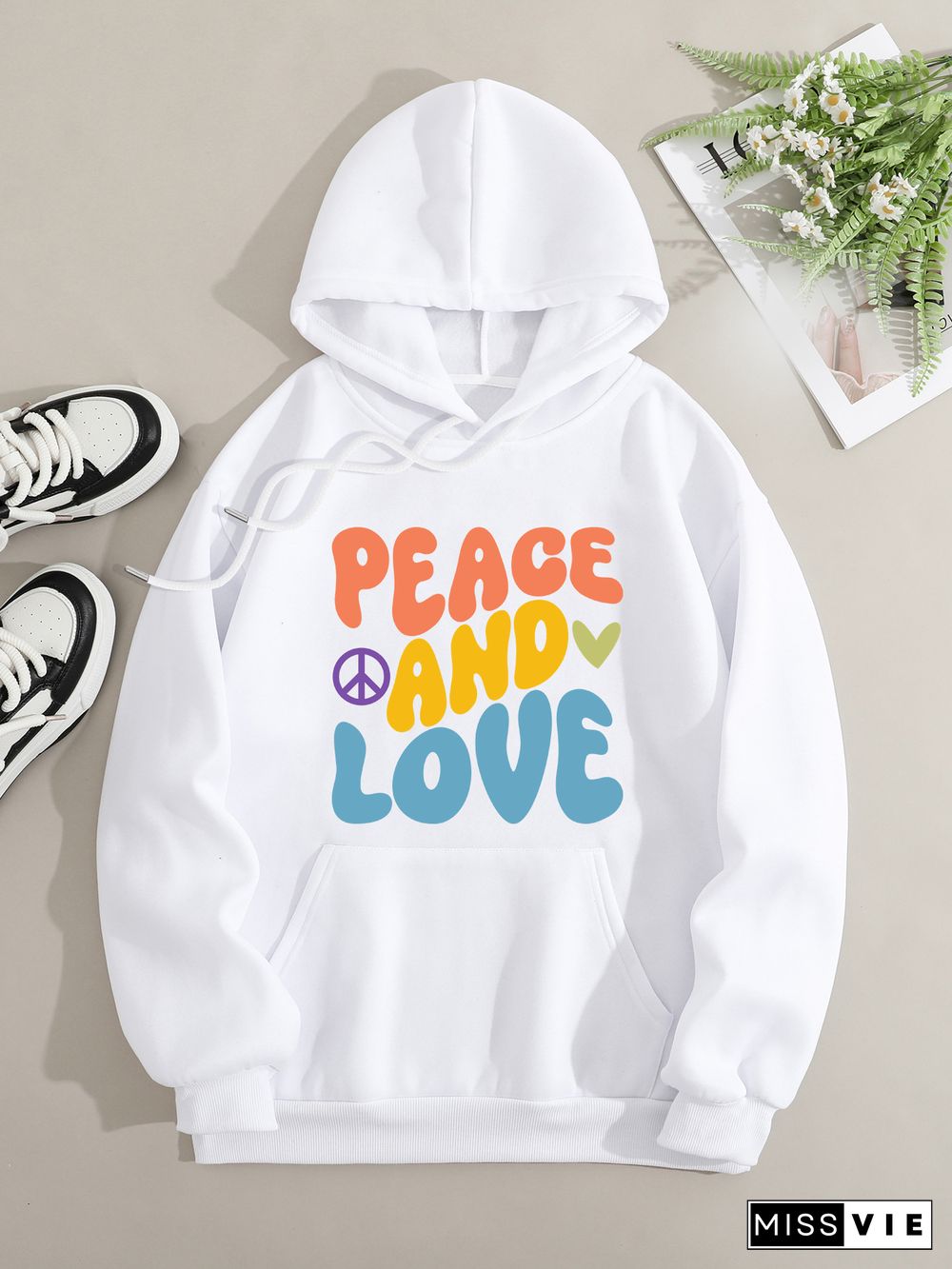 Printed on front Kangaroo Pocket Hoodie Long Sleeve for Women Pattern peace and love