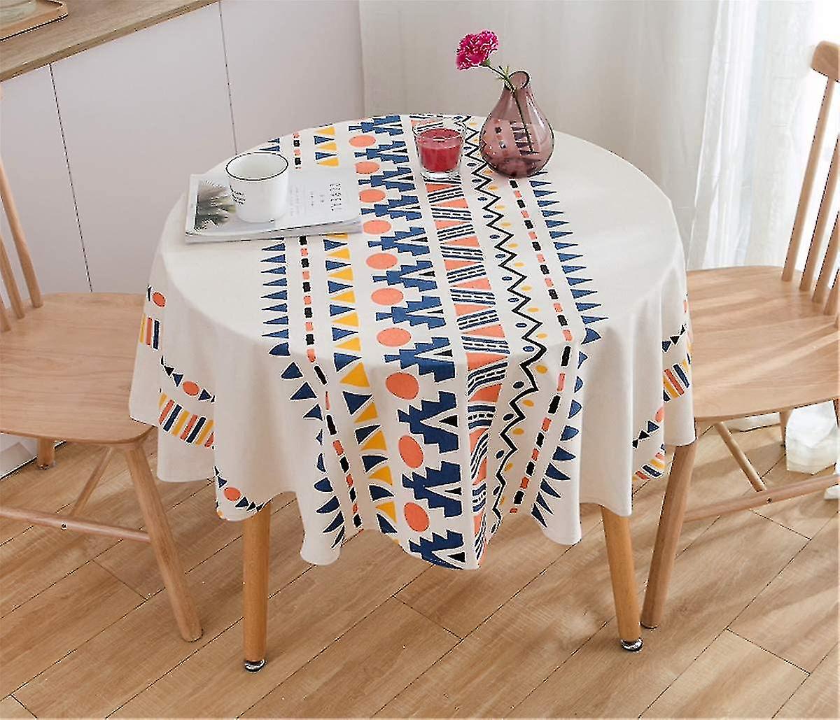 Cotton Linen Tablecloth Round Desk Protector Dust Oil Proof Table Cover For Kitchen Dining (multicolor Geometry)