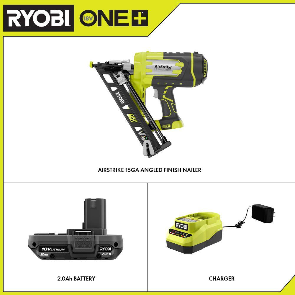 RYOBI ONE+ 18V Cordless AirStrike 15-Gauge Angled Finish Nailer and 2.0 Ah Compact Battery and Charger Starter Kit P330-PSK005