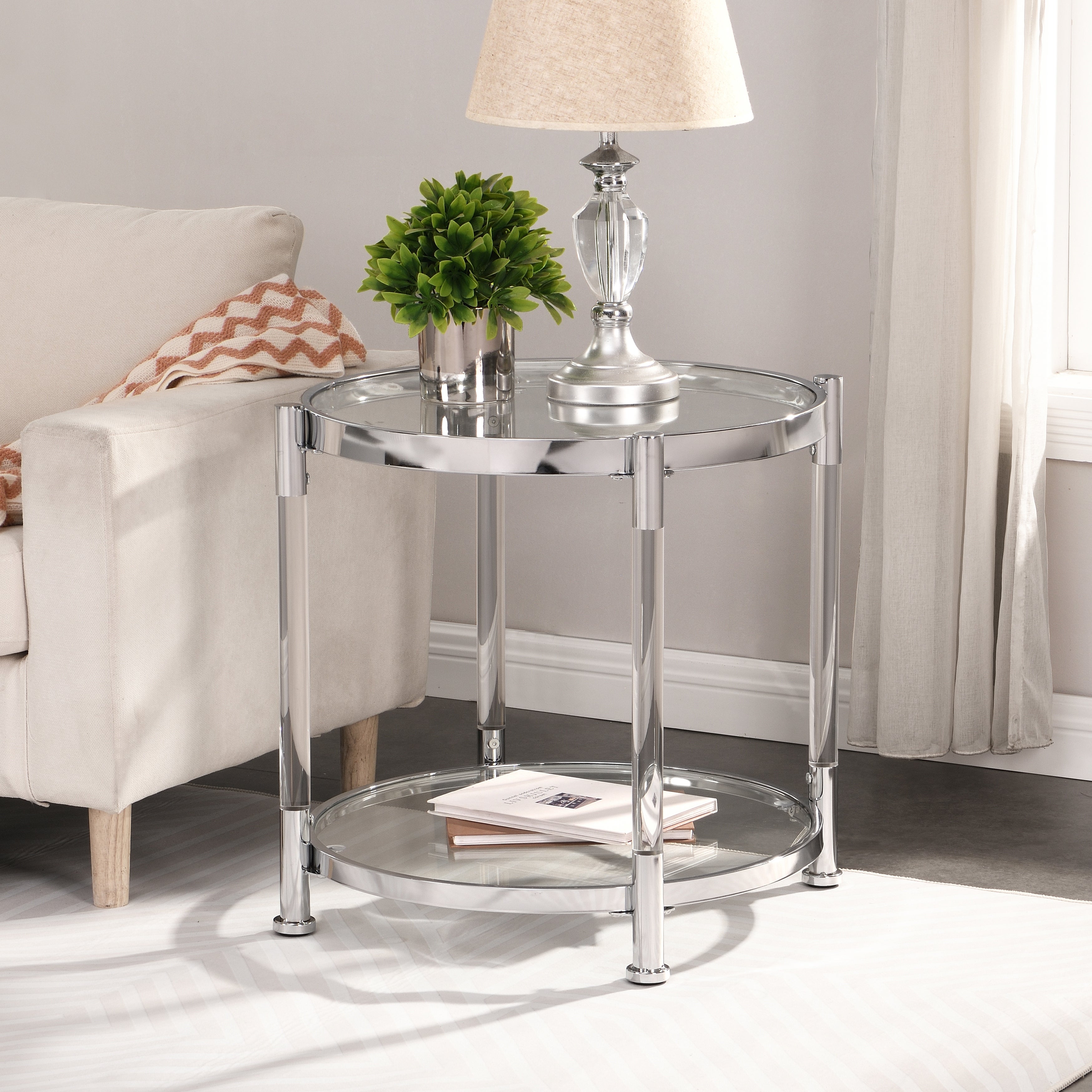 Contemporary Acrylic End Table， Side Table with Tempered Glass Top， Chrome/Silver End Table