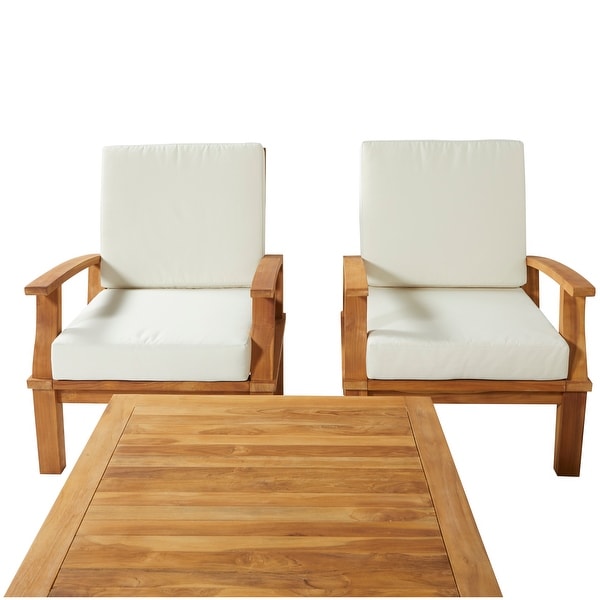 Teak Wood Traditional Outdoor Seating Set with OffWhite Cushions (Set of 5 Pieces)