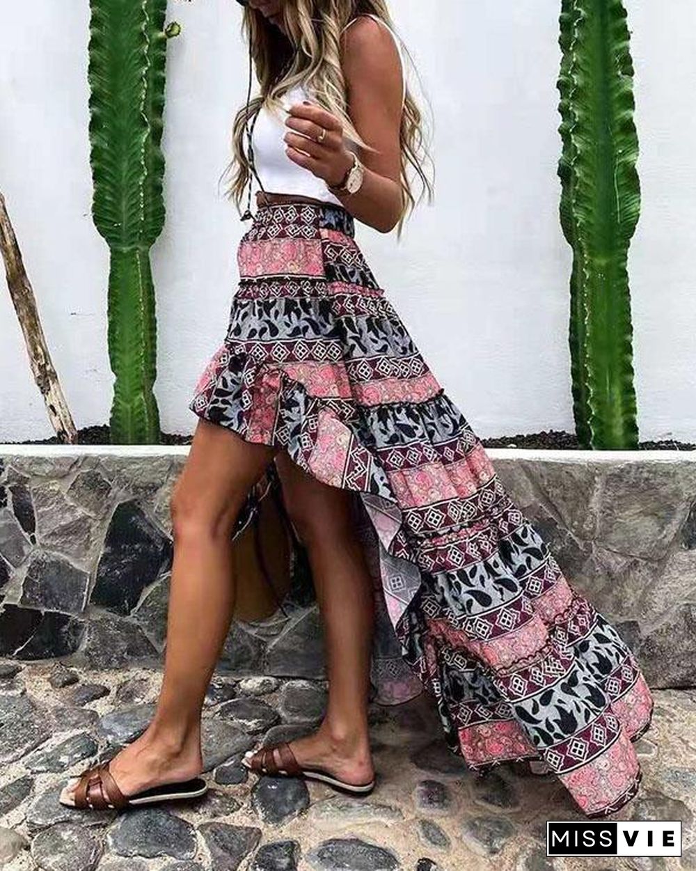 Fashion Print Irregular Hem Flowy Skirt