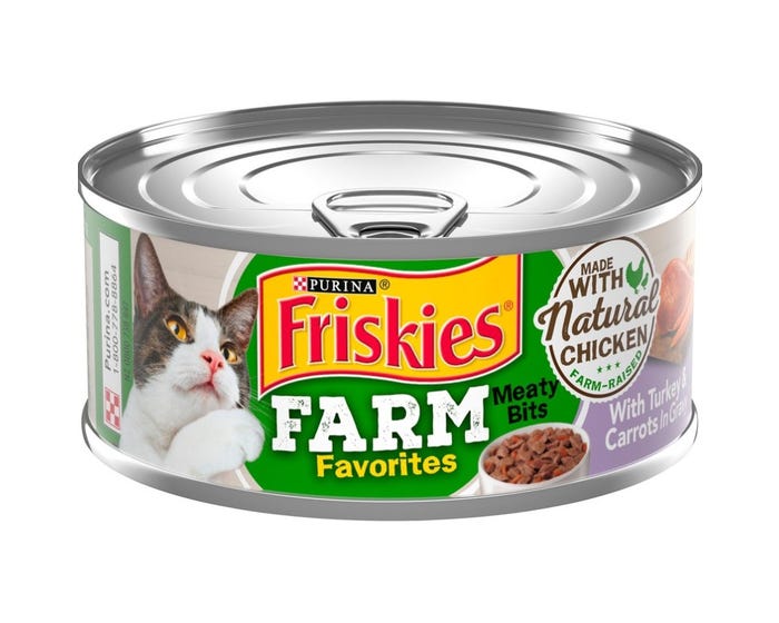 Purina Friskies Farm Favorites Meaty Bits With Turkey  Carrots in Gravy Wet Cat Food， 5.5 oz. Can