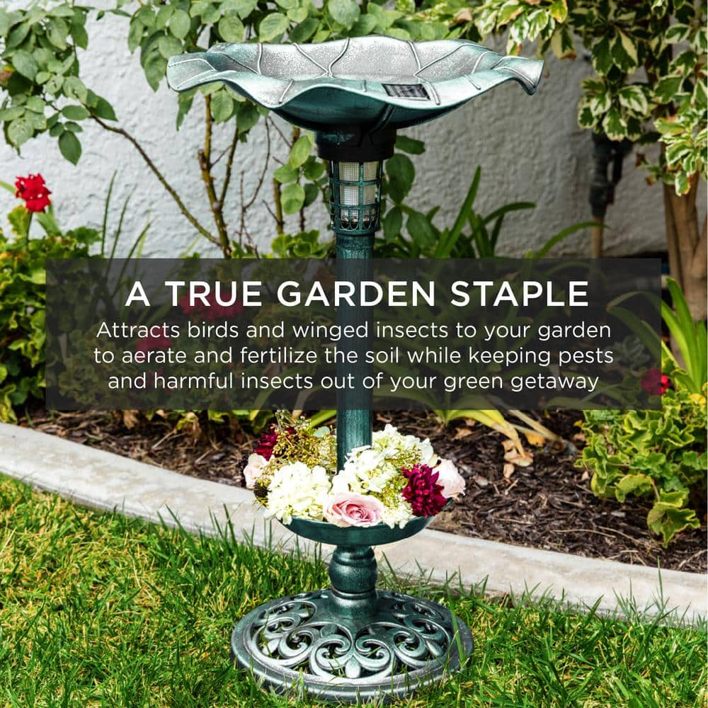 Best Choice Products Green Solar Lighted Pedestal Birdbath w/Planter， Integrated Panel SKY5809