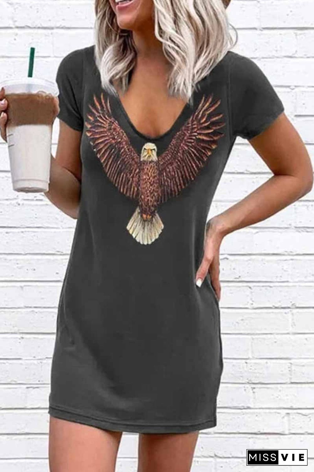 Loose V-Neck Eagle Print Short Sleeves Mini Dress