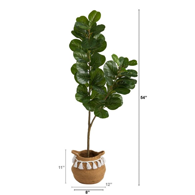 Nearly Natural 4.5-ft Fiddle Leaf Fig Tree With Handmade Natural Cotton Woven Planter With Tassels