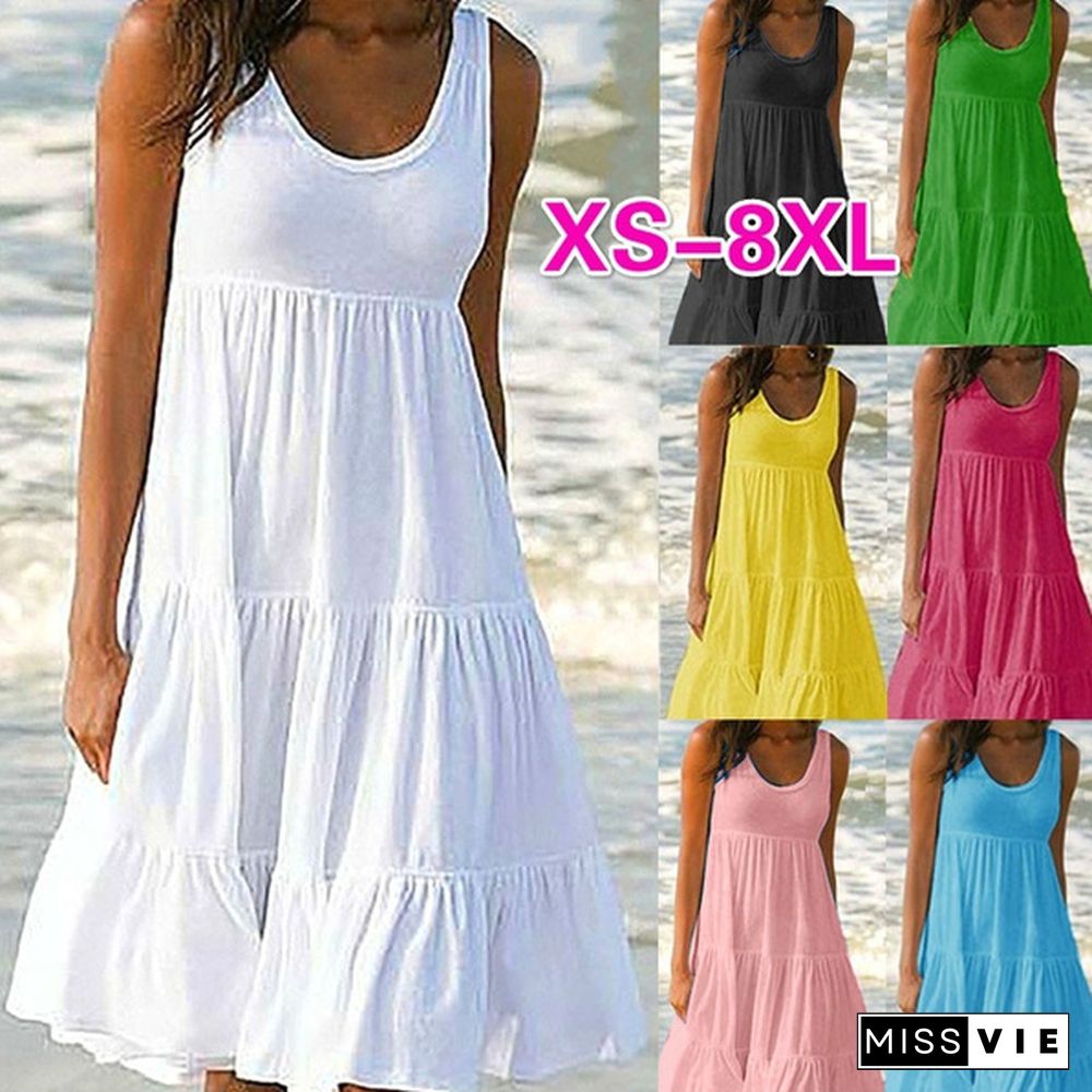 Summer Dresses Plus Size Fashion Clothes Women's Casual Sleeveless Party Beach Wear Loose Dresses Solid Color A-line Skirt Cotton Round Neck Off Shoulder Dress Ladies Pleated Halter Mini Dress Tank Top Dresses