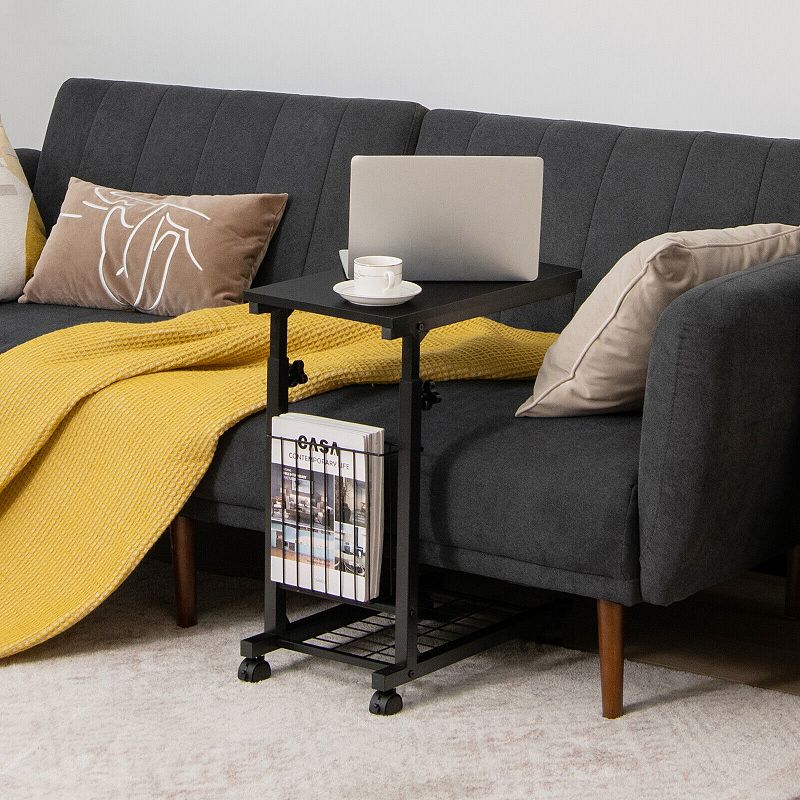 C-shape Sofa Side Table with Storage Basket