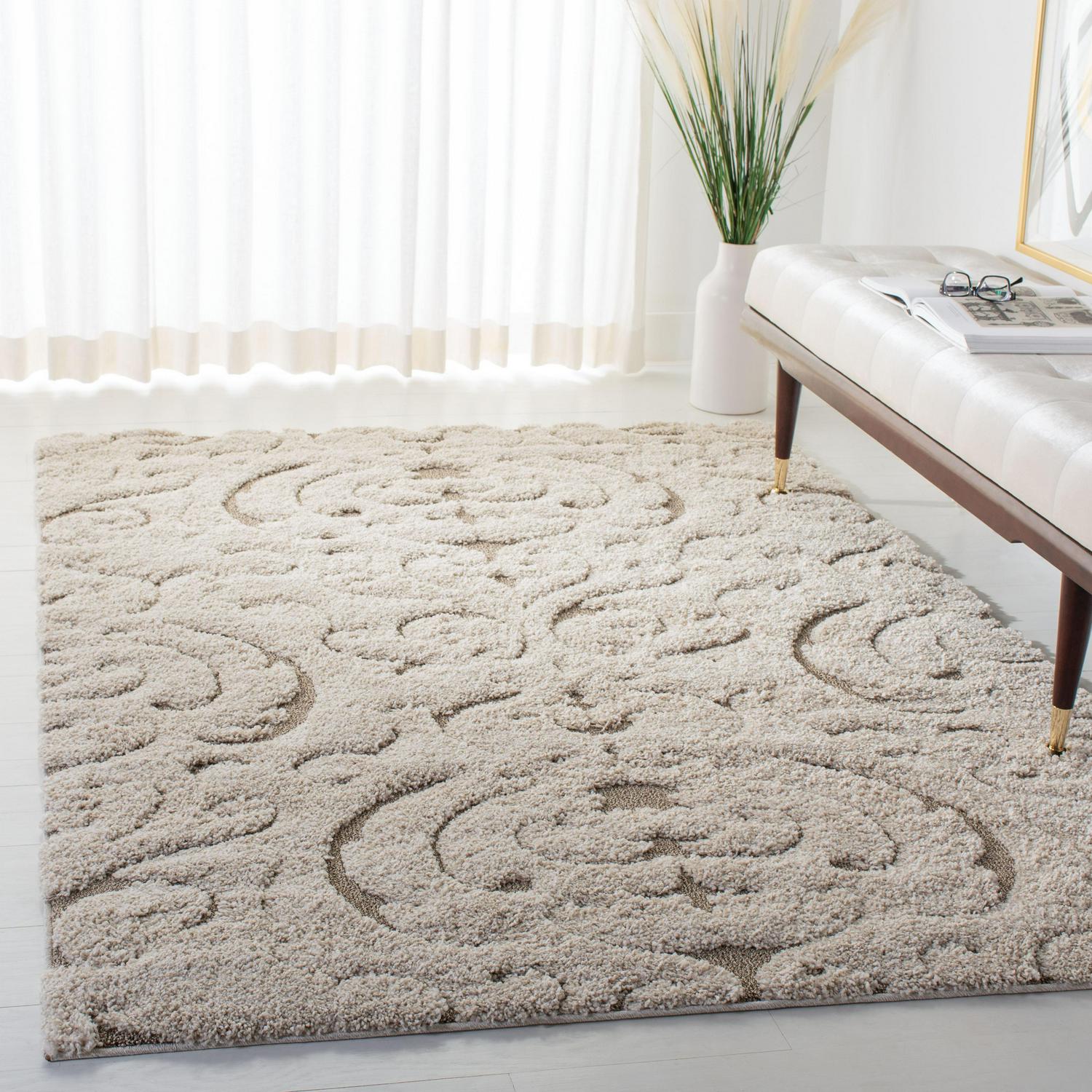 SAFAVIEH Florida Klara Damask Plush Shag Area Rug， Cream/Beige， 86 x 12and#8242;