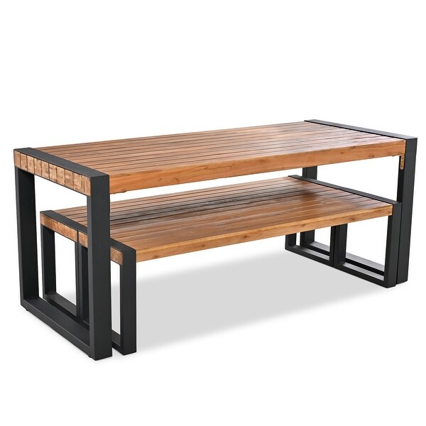 3Piece Acacia Outdoor Picnic Table Set With 2 Benches，With Acacia Wood Top and Steel Frame