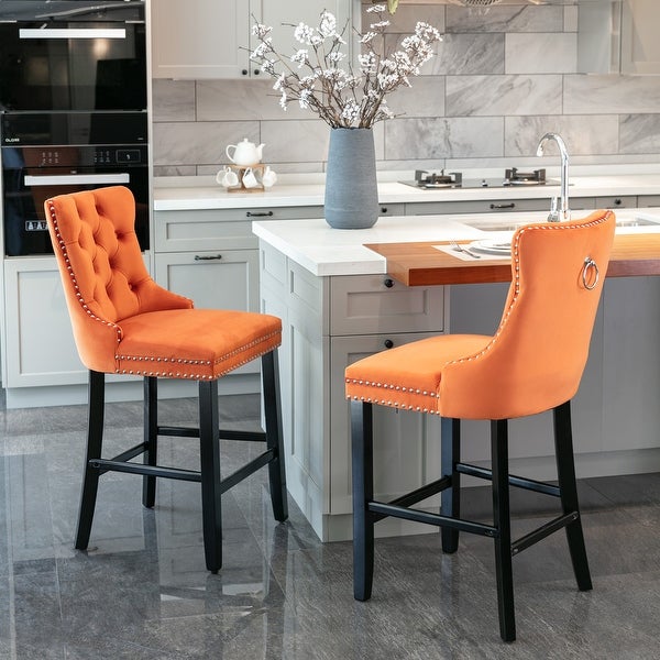 Contemporary Velvet Upholstered Bar stools Set of 2 with Chrome Nailhead Trim Decoration and Wooden Legs