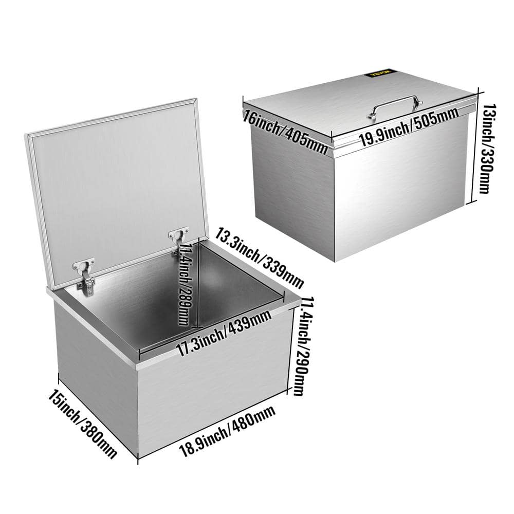 VEVOR Stainless Steel Ice Bin 19.9 in. x 16 in. x 13 in. Drop in Ice Chest with Hinged Cover 40.9 Qt. For Outdoor Kitchen QRSJ20X16X13VBRM7V0